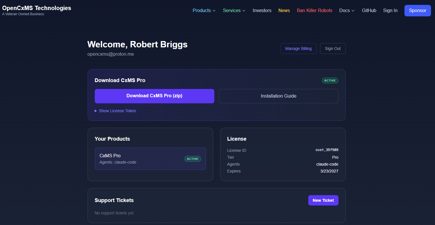 CxMS Pro customer dashboard showing download, license, and support